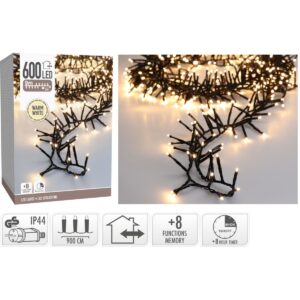 Maxi Cluster Kerstverlichting - 600 led - 9m - warm wit - Timer - Lichtfuncties - Geheugen - Buiten