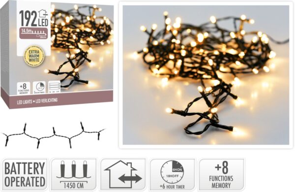 Kerstverlichting 192 led - 14.5m - extra warm wit - Batterij - Lichtfuncties - Geheugen - Timer